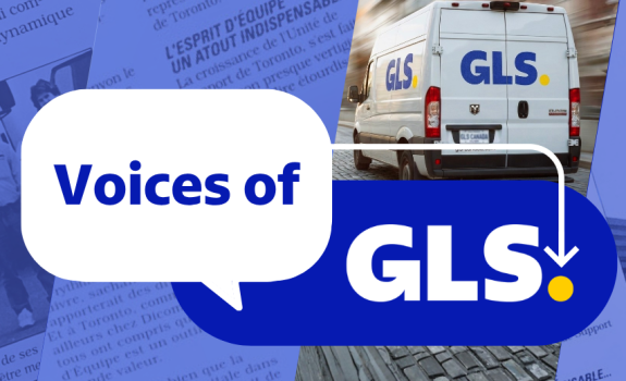 Blue background with images from an old newspaper and a GLS parcel van. 