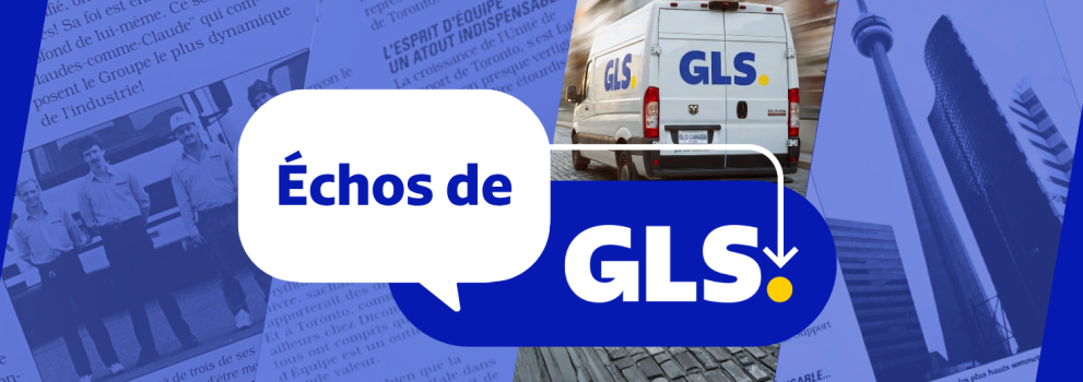 Fond bleu avec des images tirées d’un ancien journal et une camionnette de livraison GLS. Le titre «Échos de GLS » est superposé à l’image.