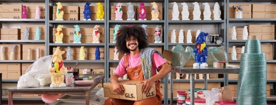 Young man packing a parcel in front of a shelf with garden gnomes