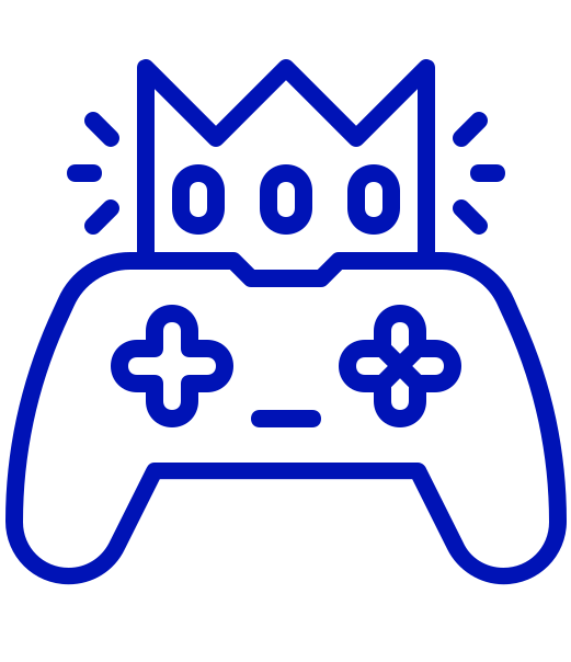 Icono de mando de videojuegos con corona representando competición gaming o esports en color azul