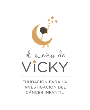 Logo of El Sueño de Vicky Foundation, dedicated to childhood cancer research, featuring an illustration of a girl sitting on a crescent moon reaching for stars