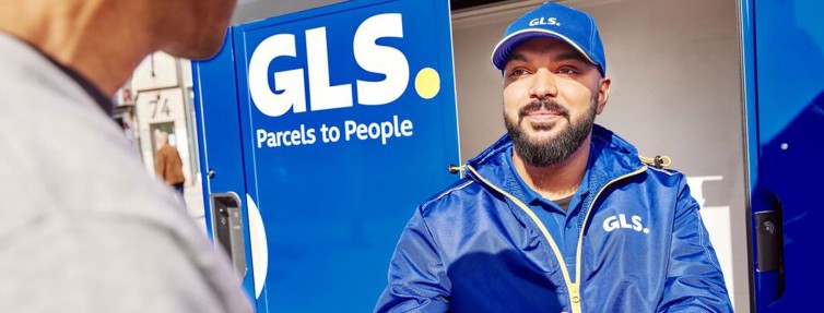 GLS courier delivering a parcel to a customer in front of a blue GLS van, parcel delivery and shipping service.