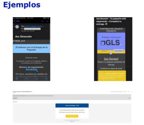 Examples of fraudulent emails impersonating GLS, showing delivery issue messages, requests to update personal information, and fake tracking links.