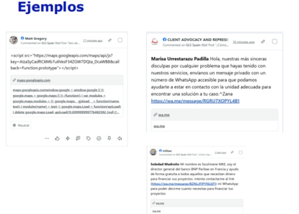 Examples of GLS Spain impersonation on social media, featuring fraudulent messages with malicious links, requests to contact via WhatsApp, and misleading comments posing as customer support.