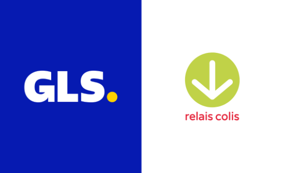 Visual displaying the GLS logo on a blue background and the Relais Colis logo with a downward arrow on a white background.