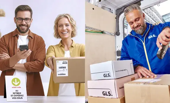 Parcel shop partner dropping off a package with GLS shipping service at a parcel collection and delivery point.
