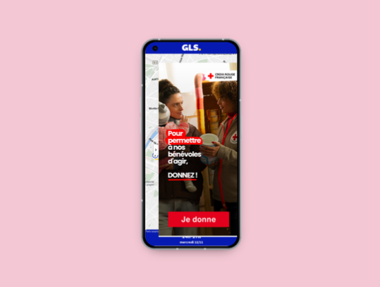 Smartphone displaying a French Red Cross donation campaign supported by GLS, featuring a call to donate to help volunteers take action.