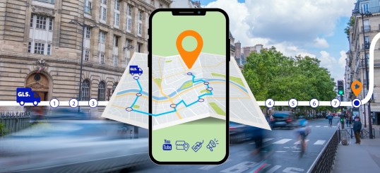 Application mobile GLS affichant un itinéraire de livraison sur une carte, intégrée à une vue animée d'une ville avec suivi en temps réel.