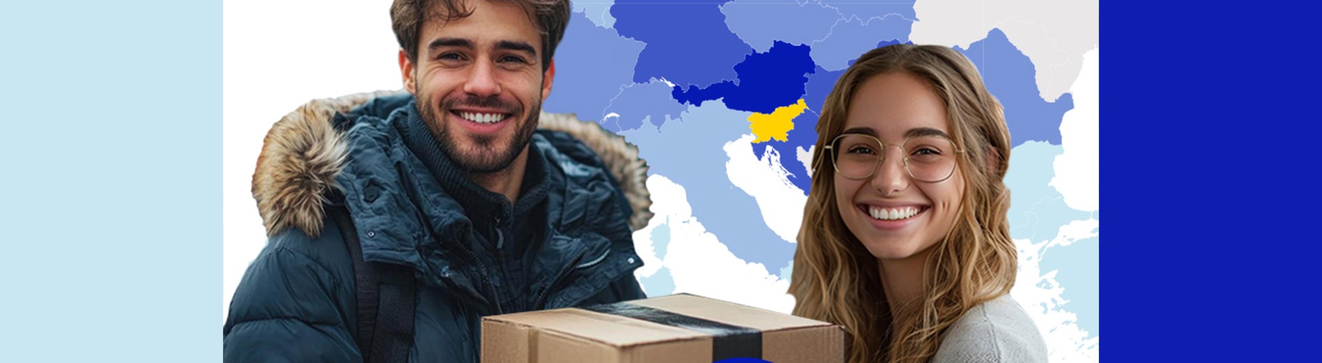 Boy and girl holding parcel with map in background